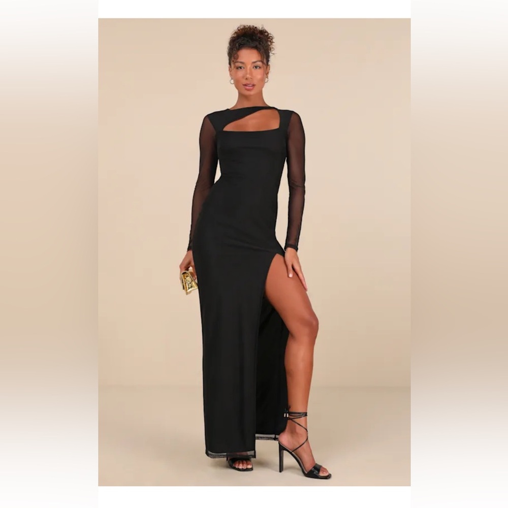Lulu’s Remarkable Attitude Black Mesh Asymmetrical Cutout Maxi Dress
